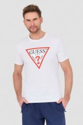 GUESS Biały t-shirt Original Logo Tee. Białe t-shirty męskie Guess, l, z aplikacjami, bez kołnierzyka, bez ramiączek. W wyprzedaży za 113.99 zł.