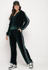 Zielony Welurowy Komplet Dresowy z Ozdobnym Lampasem Bluza ze Stójką i Proste Spodnie Seralina. Zielone bluzy damskie Born2be, l, bez wzorów, z dresówki, bez ramiączek, bez kaptura. Za 109.99 zł.