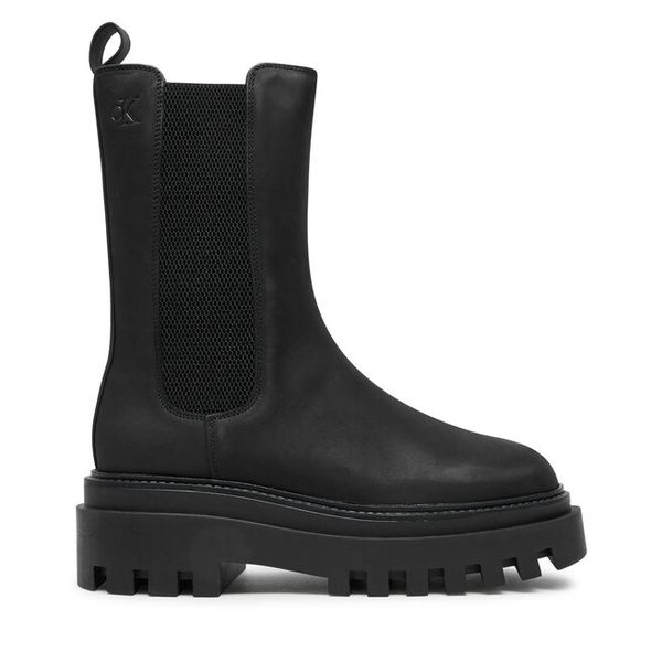 Sztyblety Calvin Klein Jeans. Czarne botki damskie Calvin Klein Jeans, bez wzorów, z jeansu, bez obcasa, na płaskiej podeszwie, bez zapięcia. Za 759.99 zł.