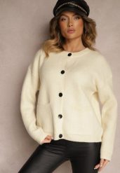 Jasnobeżowy Rozpinany Casualowy Kardigan z Wełną Besalttia. Brązowe kardigany damskie Renee, na jesień, bez wzorów, z jeansu, eleganckie, bez kołnierzyka. Za 159.99 zł.