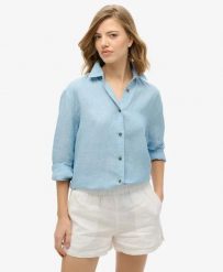 Superdry Koszula Boyfriend Casual z Lnu - Sea Blue Chambray. Niebieskie koszule damskie Superdry, bez wzorów, ze lnu, casualowe, bez kołnierzyka, bez ramiączek. Za 345.20 zł.