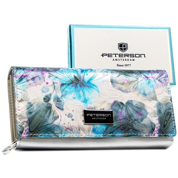 Duży portfel damski odszyty z wielokolorowej skóry naturalnej i ekologicznej, zamykany na zatrzask PTN PX20-1-NPK Peterson. Portfele damskie Peterson, ze skóry. Za 119.99 zł.