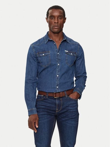 Guess Koszula jeansowa M4YH02 D3PF6 Granatowy Classic Fit. Niebieskie koszule męskie Guess, l, z aplikacjami, z jeansu, bez kołnierzyka, bez ramiączek. Za 259.99 zł.