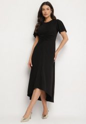 Czarna Rozkloszowana Sukienka Ozdobiona Marszczeniem Odallica. Czarne sukienki damskie Born2be, m, bez wzorów, eleganckie, bez kołnierzyka, bez ramiączek, maxi, rozkloszowane. Za 69.99 zł.