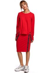 Asymetryczna Bluza z Lampasami - Czerwona. Czerwone bluzy damskie MOE, l, bez wzorów, z bawełny, bez ramiączek, bez kaptura. Za 229.90 zł.