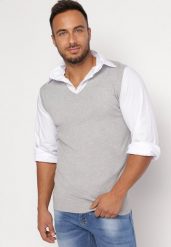 Jasnoszary Sweter Kamizelka z Trójkątnym Dekoltem z Dzianiny Sarotte. Szare swetry męskie Born2be, m, bez wzorów, z dzianiny, eleganckie, bez kołnierzyka, bez ramiączek. Za 24.99 zł.