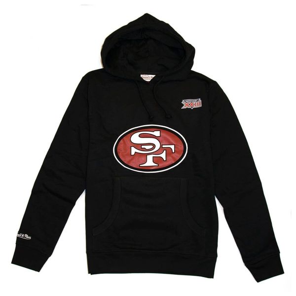 Hoodie San Francisco 49ers superbowl 80s Jerry Rice. Czarne bluzy męskie Mitchell & Ness, m, bez wzorów, bez ramiączek, bez kaptura. Za 486.50 zł.