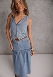 Niebieska Jeansowa Spódnica z Bawełny Ozdobiona Paskiem z Plecionki Ocearos. Niebieskie spódnice damskie Renee, l, w ażurowe wzory, z bawełny, eleganckie, midi, dopasowane. Za 189.99 zł.