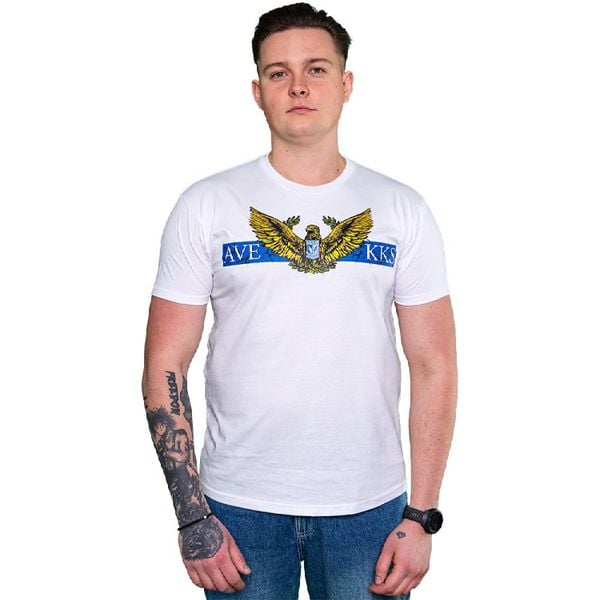 Koszulka Lech Poznań biała "AVE KKS". Białe bluzki damskie KKS LECH POZNAŃ, l, bez wzorów, z bawełny, sportowe, bez kołnierzyka, bez ramiączek. Za 79.99 zł.