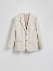Marynarka slim fit z domieszką lnu - beżowy. Brązowe garnitury męskie Reserved, bez wzorów, z tkaniny. W wyprzedaży za 279.99 zł.