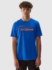 4F T-shirt regular z nadrukiem męski - niebieski M. Niebieskie t-shirty męskie 4F, m, bez wzorów, z bawełny, bez kołnierzyka, bez ramiączek. W wyprzedaży za 29.99 zł.