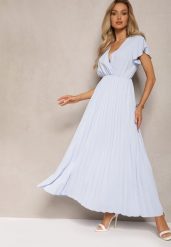 Jasnoniebieska Plisowana Sukienka Maxi o Rozkloszowanym Kroju z Kopertowym Dekoltem Ofilva. Niebieskie sukienki damskie Renee, m, bez wzorów, eleganckie, bez kołnierzyka, bez ramiączek, maxi, kopertowe. Za 69.99 zł.