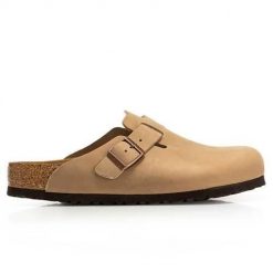 Klapki męskie Birkenstock Boston BS Tabacco Brown. Brązowe klapki męskie Birkenstock, bez wzorów, z materiału, bez zapięcia. Za 872.00 zł.
