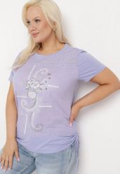 Fioletowy T-shirt z Bawełny Ozdobiony Cyrkoniami i Ściągaczami po Bokach Forena. Fioletowe t-shirty damskie Born2be, xl, z aplikacjami, z bawełny, bez kołnierzyka, bez ramiączek. Za 64.99 zł.