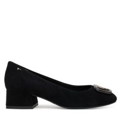 Półbuty Tamaris. Czarne półbuty damskie Tamaris, bez wzorów, bez obcasa, na obcasie, bez zapięcia. Za 269.99 zł.
