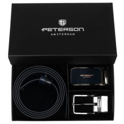Zestaw prezentowy: dwustronny pasek skórzany w granatowym i czarnym kolorze Peterson PTN KL-B016S001 N. Czarne paski męskie Peterson, ze skóry, eleganckie. Za 139.99 zł.