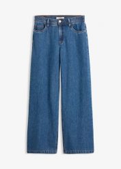 Lekkie jeansy wide leg, mid waist, cropped. Niebieskie jeansy damskie bonprix, bez wzorów, z jeansu. Za 124.99 zł.