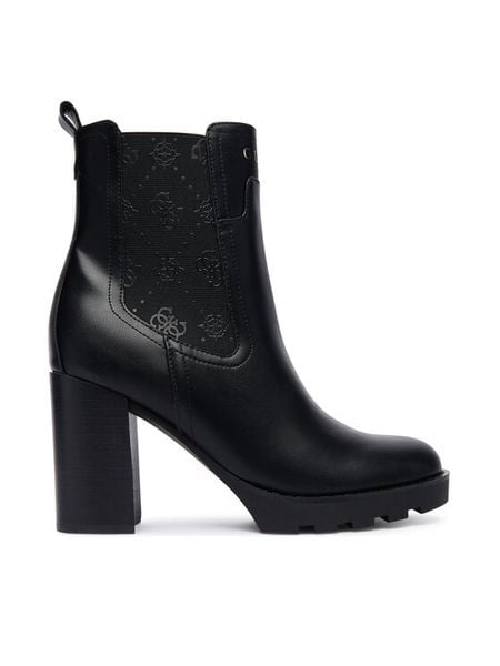 Guess Botki FLFNLL ELE10 Czarny. Czarne botki damskie Guess, z aplikacjami, ze skóry, bez obcasa, na słupku, bez zapięcia. Za 630.99 zł.