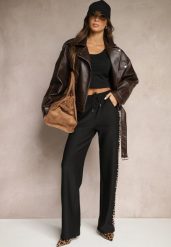 Czarne Szerokie Spodnie Dresowe z Lampasami w Panterkowy Print Haniseth. Czarne spodnie dresowe damskie Renee, bez wzorów, z dresówki, eleganckie. Za 49.99 zł.