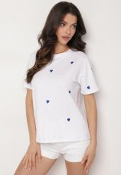 Biało-Niebieski T-shirt z Bawełny w Serca Kolavelle. Białe t-shirty damskie Born2be, l, bez wzorów, z bawełny, klasyczne, bez kołnierzyka, bez ramiączek. Za 64.99 zł.