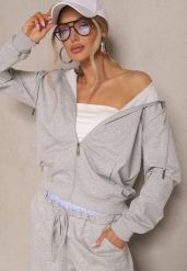 Szara Rozpinana Bluza z Bawełny z Kapturem Ozdobiona Sznurkami Telidwena. Szare bluzy damskie Renee, l, bez wzorów, z bawełny, eleganckie, bez ramiączek, z kapturem. Za 59.99 zł.