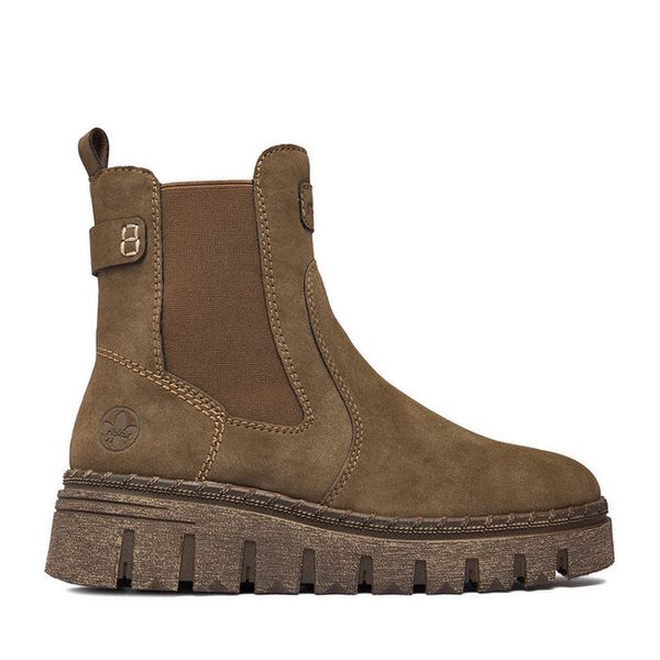 Botki Rieker. Brązowe botki damskie Rieker, bez wzorów, bez obcasa, na koturnie, bez zapięcia. Za 399.99 zł.