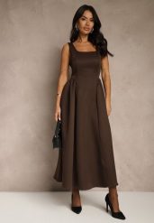 Brązowa Sukienka o Rozkloszowanym Kroju na Szerokich Ramiączkach Retelina. Brązowe sukienki damskie Renee, na imprezę, l, bez wzorów, eleganckie, bez kołnierzyka, bez ramiączek, maxi, rozkloszowane. Za 159.99 zł.