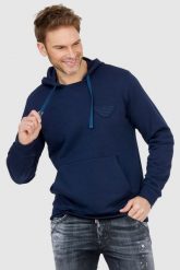 EMPORIO ARMANI Granatowa bluza męska z kapturem i logo. Niebieskie bluzy męskie Emporio Armani, l, bez wzorów, prążkowane, z kapturem. W wyprzedaży za 359.99 zł.