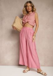 Różowe Spodnie Palazzo o Szerokim Kroju High Waist Lislevia. Czerwone spodnie materiałowe damskie Renee, bez wzorów, z jeansu, eleganckie, z podwyższonym stanem. Za 39.99 zł.
