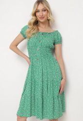 Zielona Bawełniana Sukienka w Drobne Kwiaty z Gumkami w Talii Fielita. Zielone sukienki damskie Born2be, na spotkanie biznesowe, na lato, m, bez wzorów, z bawełny, eleganckie, bez kołnierzyka, bez ramiączek, mini. Za 39.99 zł.