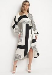 Beżowo-Czarna Sukienka Kopertowa Kimono z Geometrycznym Wzorem i Wiązanym Paskiem Klerossa. Brązowe sukienki damskie Born2be, l, bez wzorów, bez kołnierzyka, bez ramiączek, midi, kopertowe. Za 139.99 zł.