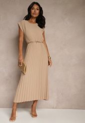 Beżowa Sukienka Ozdobiona Plisami Mavellea. Brązowe sukienki damskie Renee, na co dzień, bez wzorów, eleganckie, bez kołnierzyka, bez ramiączek, maxi, proste. Za 59.99 zł.