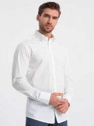 Klasyczna męska bawełniana koszula SLIM FIT w mikro wzór - biała V1. Białe koszule męskie Ombre Clothing, m, bez wzorów, z bawełny, klasyczne, bez kołnierzyka, bez ramiączek. W wyprzedaży za 69.99 zł.