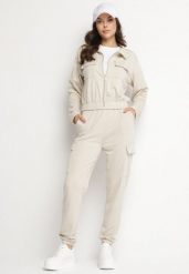 Jasnobeżowy Komplet Dresowy Cargo Bluza i Spodnie z Kieszeniami Kormilla. Brązowe bluzy damskie Born2be, m, bez wzorów, z dresówki, eleganckie, bez ramiączek, bez kaptura. Za 84.99 zł.