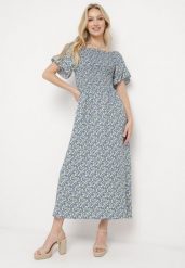 Niebieska Bawełniana Sukienka w Kwiatki z Hiszpańskim Elastycznym Dekoltem Bleriama. Niebieskie sukienki damskie Born2be, na randkę, m, bez wzorów, z bawełny, eleganckie, bez kołnierzyka, bez ramiączek, maxi. Za 39.99 zł.