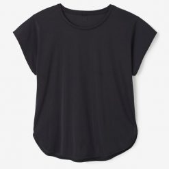 Koszulka fitness damska Domyos krótki rękaw. Czarne bluzki damskie DOMYOS, l, bez wzorów, z elastanu, sportowe, bez kołnierzyka, bez ramiączek. Za 59.99 zł.