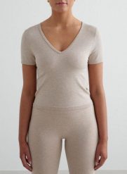 Damski T-shirt bezszwowy, modelujący, dekolt V Shape Seamless beżowy melanż. Brązowe t-shirty damskie Aim'n, s, bez wzorów, z dzianiny, klasyczne, bez kołnierzyka, bez ramiączek. Za 219.00 zł.