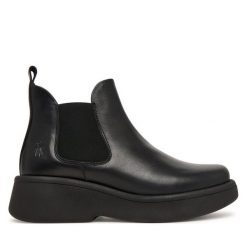 Sztyblety Fly London. Czarne botki damskie Fly London, bez wzorów, bez obcasa, na płaskiej podeszwie, bez zapięcia. Za 639.99 zł.