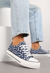 Granatowe Trampki z Niską Cholewką w Kwiatowy Wzór Addmiria. Niebieskie trampki i tenisówki damskie Renee, bez wzorów, z jeansu, przed kostkę, bez zapięcia. Za 49.99 zł.
