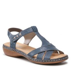 Sandały Rieker. Niebieskie sandały damskie Rieker, bez wzorów, bez obcasa, na płaskiej podeszwie, bez zapięcia. Za 223.99 zł.