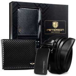 Zestaw prezentowy: skórzany portfel męski w czarnym kolorze i pasek ze skóry naturalnej - Peterson. Czarne portfele męskie Peterson, bez wzorów, ze skóry. Za 133.99 zł.
