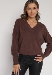 Brązowy Sweter z Dekoltem w V z Domieszką Kaszmiru Mariara. Brązowe swetry nierozpinane damskie Born2be, uniwersalny, bez wzorów, z jeansu, bez kołnierzyka, bez ramiączek. Za 109.99 zł.