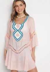 Różowa Sukienka Tunika z Szydełkowym Zdobieniem Astrik. Czerwone sukienki damskie Born2be, z aplikacjami, bez kołnierzyka, bez ramiączek, mini. Za 34.99 zł.