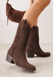 Brązowe Botki Kowbojki na Słupku z Ażurową Cholewką Ravsemi. Brązowe botki damskie Renee, z aplikacjami, z jeansu, bez obcasa, na obcasie, bez zapięcia. Za 149.99 zł.