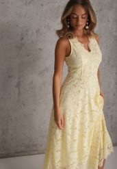 Żółta Rozkloszowana Sukienka z Koronki z Taliowaną Gorsetową Górą Apadina. Żółte sukienki damskie Renee, l, bez wzorów, z koronki, eleganckie, bez kołnierzyka, bez ramiączek, maxi, gorsetowe. Za 199.99 zł.