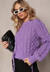 Fioletowy Sweter z Ozdobnym Sznurowaniem na Dole i Ściągaczami Miritu. Fioletowe swetry nierozpinane damskie Renee, bez wzorów, z wiskozy, casualowe, bez kołnierzyka, bez ramiączek. Za 109.99 zł.