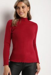 Bordowy Sweter z Wełną i Ozdobną Falbanką przy Dekolcie Seanoria. Czerwone swetry nierozpinane damskie Born2be, l, z aplikacjami, z jeansu, eleganckie, bez kołnierzyka, bez ramiączek. Za 84.99 zł.