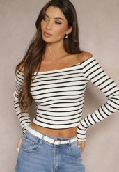 Biało-Czarna Bawełniana Bluzka w Paski Florali. Białe bluzki damskie Renee, m, bez wzorów, z bawełny, eleganckie, bez kołnierzyka, bez ramiączek. Za 44.99 zł.