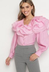 Różowa Elegancka Koszula Ozdobiona Falbanami i Guzikami Leristta. Czerwone koszule damskie Born2be, m, bez wzorów, z jeansu, eleganckie, bez kołnierzyka, bez ramiączek. Za 159.99 zł.