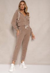 Ciemnobeżowy Komplet Dresowy z Bawełny Bluza z Kapturem i Spodnie Slim Inerisa. Brązowe bluzy damskie Renee, xl, z aplikacjami, z bawełny, eleganckie, bez ramiączek, z kapturem. Za 119.99 zł.
